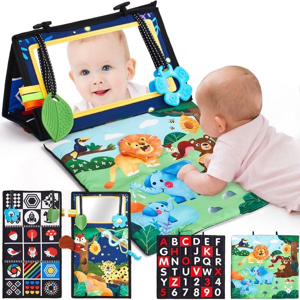 hahaland Espejo bebé + libro sensorial plegable (tummy time, blanco y negro)